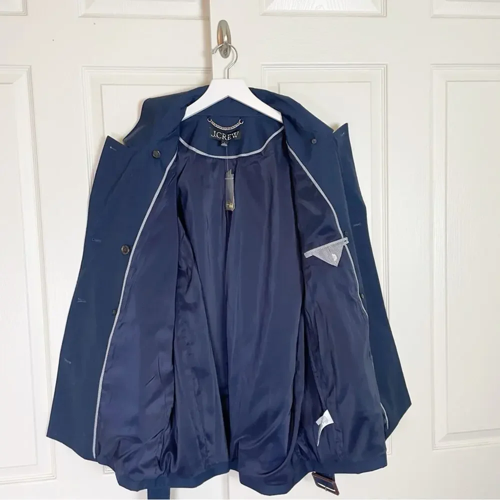 J.Crew Navy Trench Coat Water Repellent Cotton Belted NWT Sz L - Picture 5 of 12